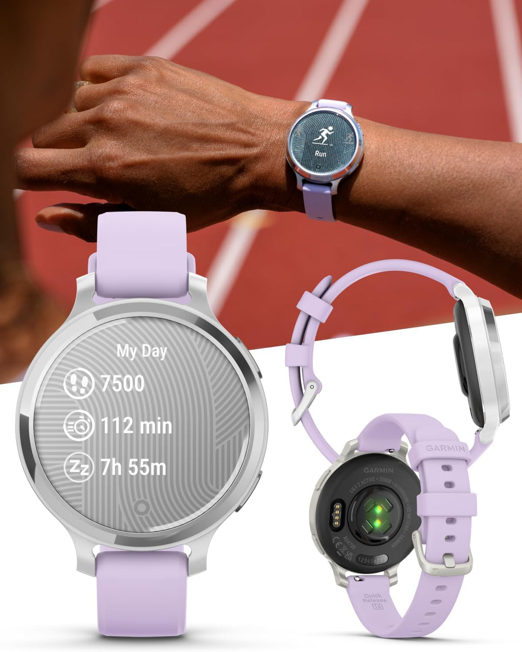 Garmin Lily 2 Active, Silver with Purple Jasmine Silicone Band, Small and Stylish Smartwatch, Built-in GPS, Hidden Display, Patterned Lens, Up to 9 Days Battery Life Power Bank Bundle