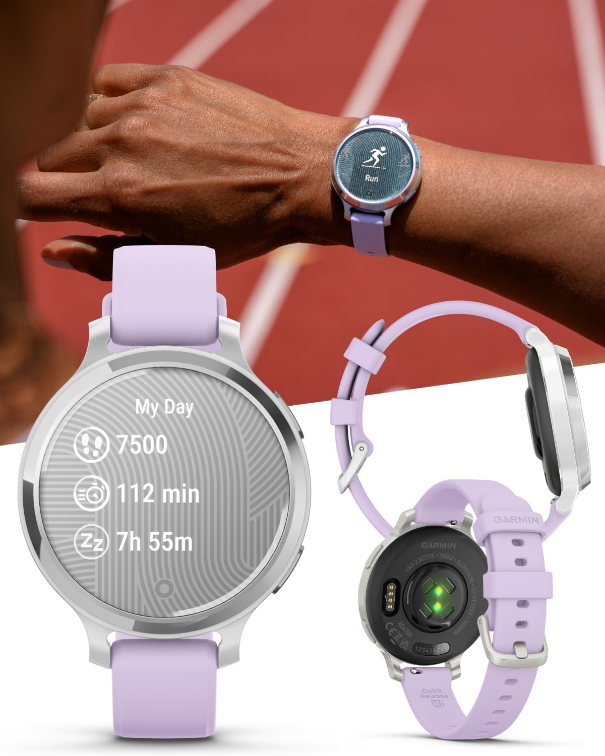 Garmin Lily 2 Active, Silver with Purple Jasmine Silicone Band, Small and Stylish Smartwatch, Built-in GPS, Hidden Display, Patterned Lens, Up to 9 Days Battery Life Power Bank Bundle