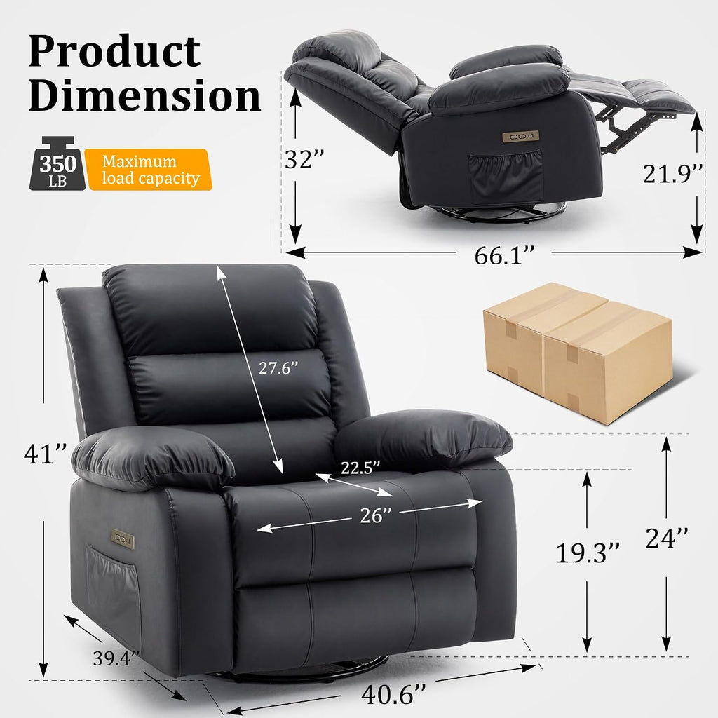 Korser Power Recliner Chair, Electric Rocker Recliner with Massage and Heat, 270° Swivel Glider, Oversized Wide Seat with USB Port, Cashmere Nursery Chair for Living Room, Black