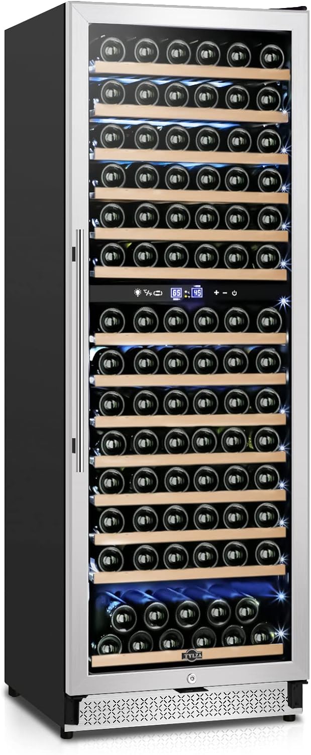 Tylza 24 Inch Wine Fridge Dual Zone, 180 Bottles Wine Cooler Refrigerator With Stainless Steel and Professional Compressor, Fast Cooling Low Noise and No Fog Built-in or Freestanding