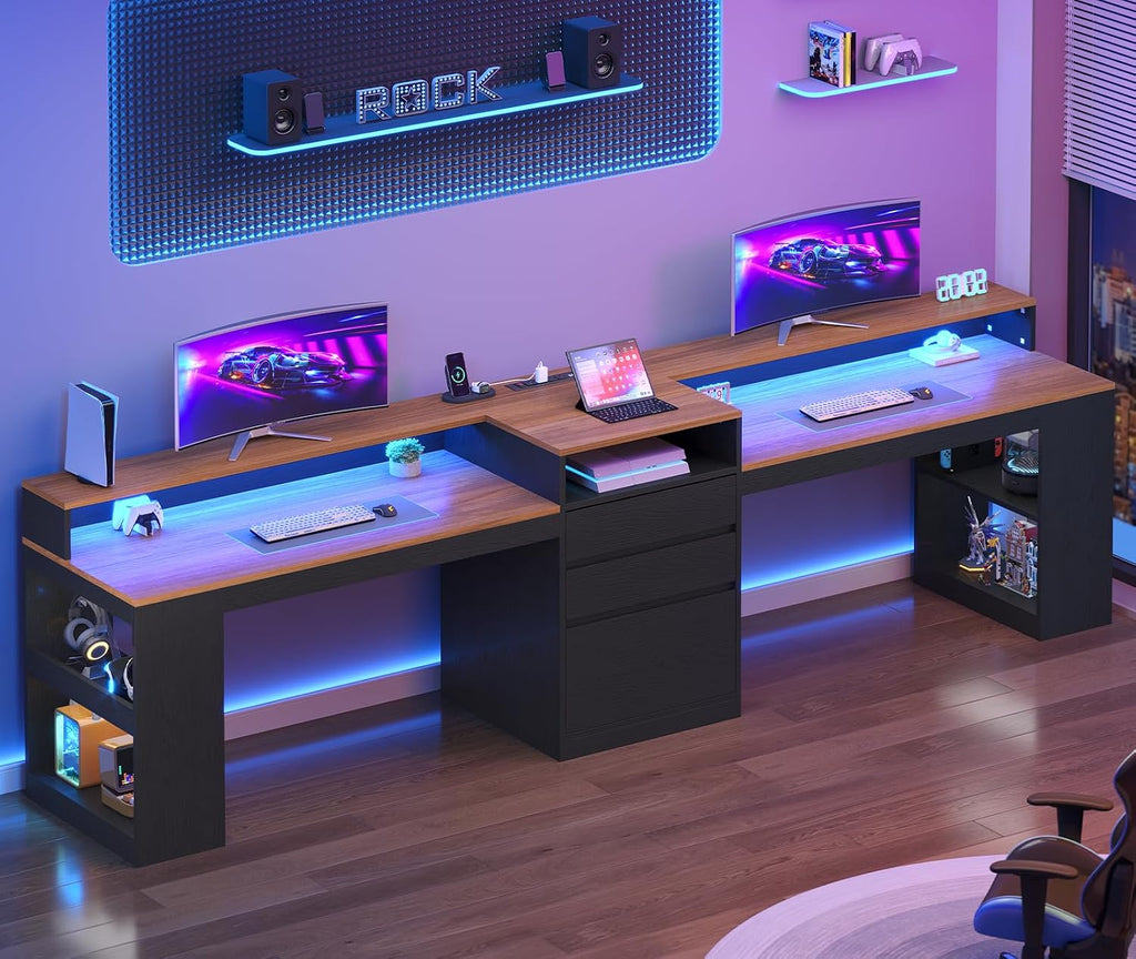 96.6' Long Computer Desk, 2 Person Desk with LED Lights & Power Outlet, Modern Two Person Gaming Desk with File Drawers, Monitor Stand, Printer Shelf ＆ Storage, Double Table for Home Office Black