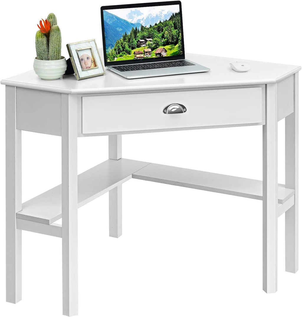 Tangkula White Corner Desk with Drawer, Storage Shelves for Computer, Makeup Vanity Desk for Small Space, 90 Degrees Triangle Desk