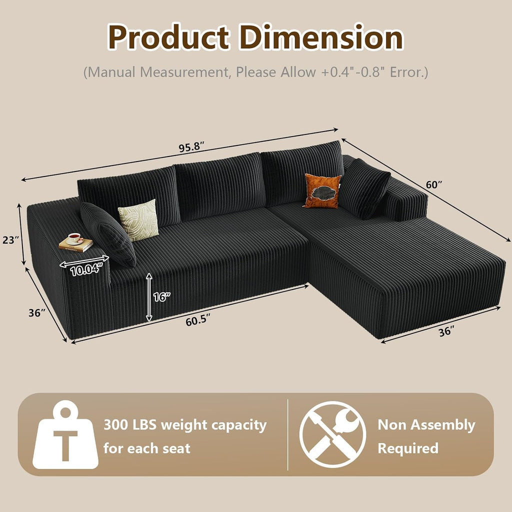 96' Modular Sectional Couch, Boneless L Shaped Cloud Sofa with Chaise Lounge, Corduroy Upholstered Couches Memory Foam Deep Seat, No Assembly Required, Ideal for Living Room(Black, Right Facing)