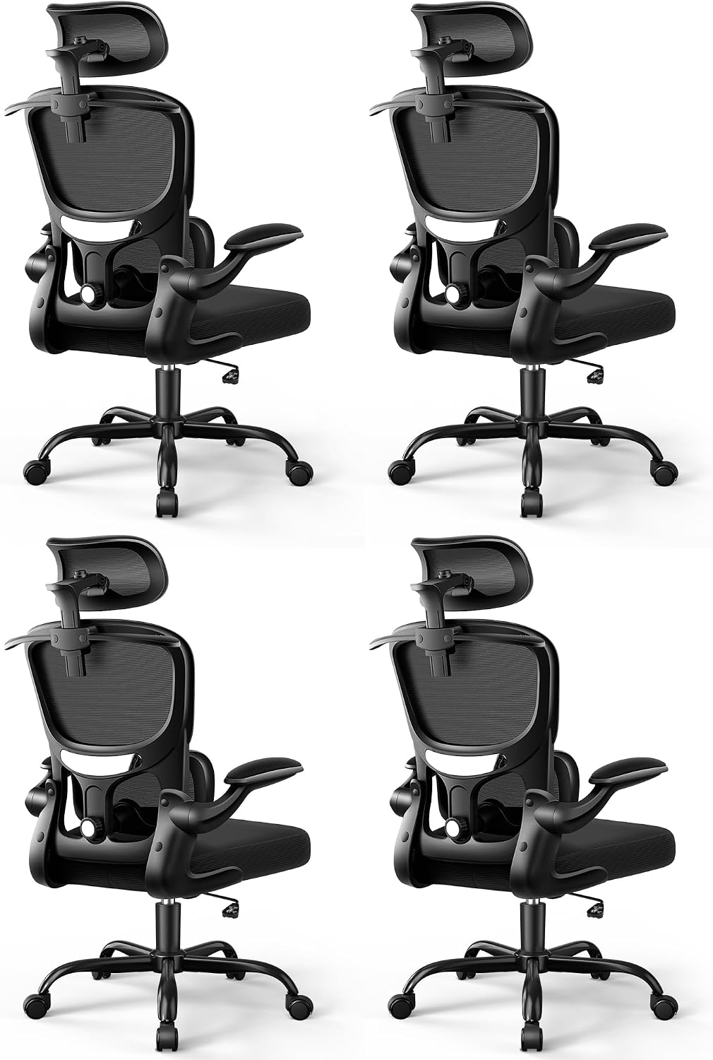 ALLGOD Ergonomic Office Chair, Mesh Desk Chair with Lumbar Support, High Back Home Office Chair with Adjustable Headrest and Flip-Up Arms, Comfortable Computer Chair, Thick Cushion,Black-4 Pack
