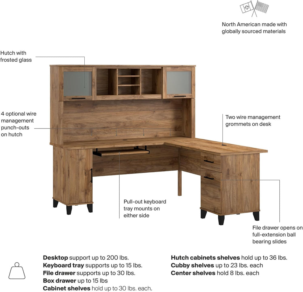 Bush Furniture Somerset L Shaped Desk with Hutch in Fresh Walnut | Corner Computer Table with Drawers, Cabinets and Pullout Keyboard/Laptop Tray for Home Office
