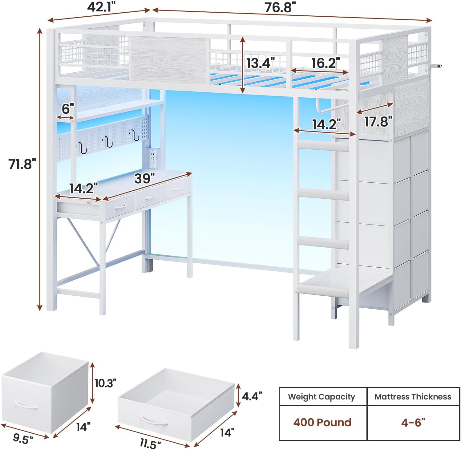 ADORNEVE Twin Size Loft Bed with Desk, 11 Storage Drawers & RGB LED Lights, Metal Loft Bed with Power Outlet, Shelves & Clothing Rack, 13.4' H Safety Guard & Paded Ladder, White