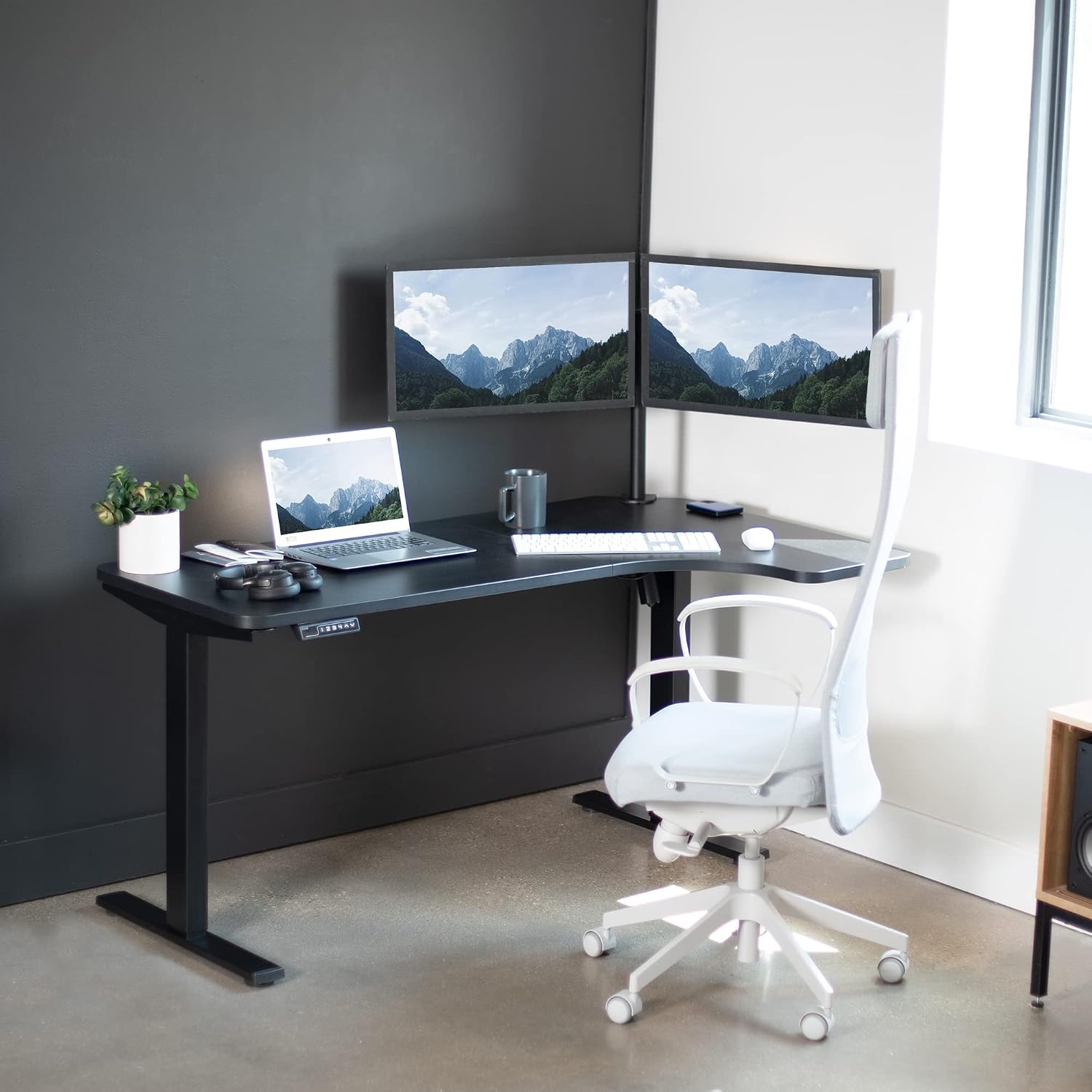 VIVO Electric Corner 58 x 35 in L-Shaped Standing Desk, Memory Height Adjustment, Holds 220 lbs, Reversible Black Top, Black Frame, DESK-KIT-1BRB