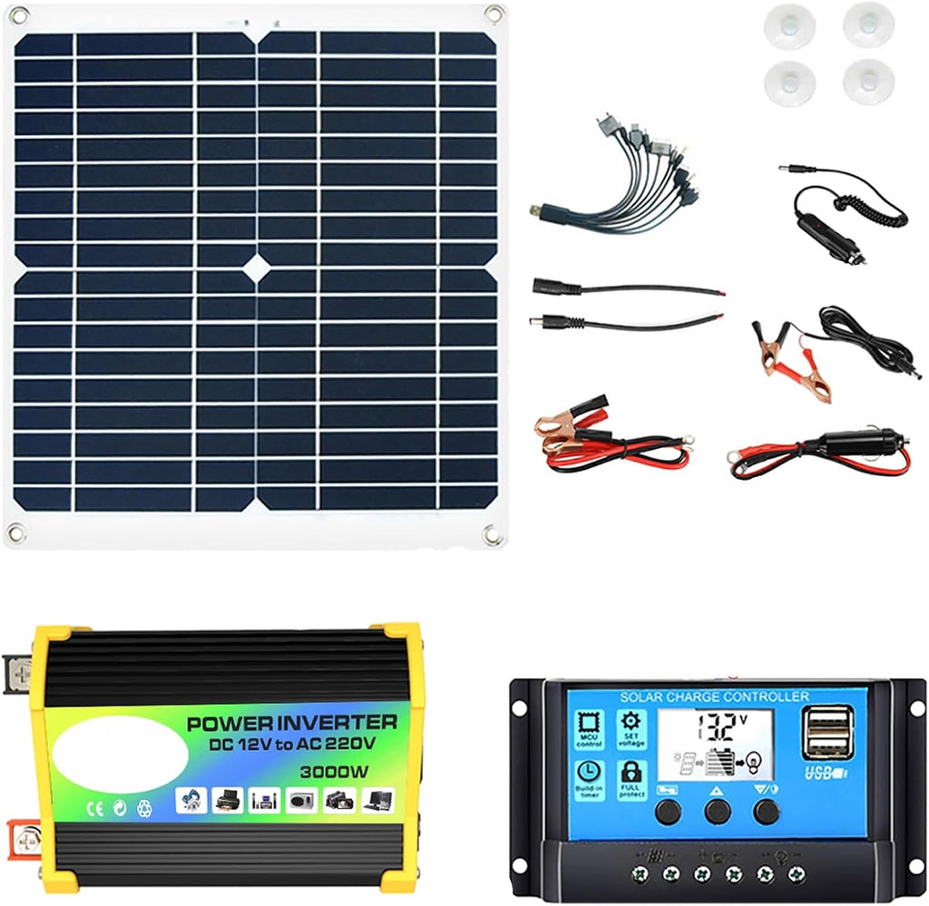 3000w Solar Inverter Combination, 50w Solar Panel Power Generation, DC12V-AC110V/220V car Power Inverter, USB Fast Charging Solar Power Generation System(Black,12V-110V)