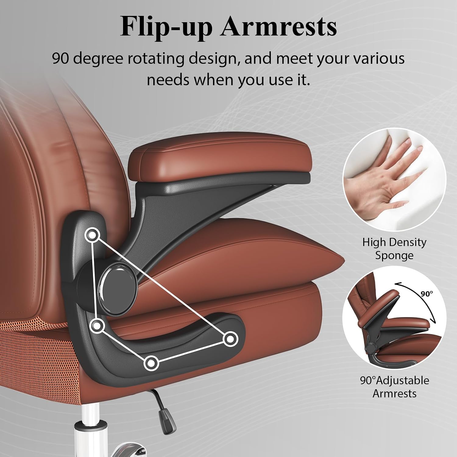 Office Desk Chair, Executive Leather Office Chair, High Back Ergonomic Home Desk Chair with Padded Flip-up Arms, Big and Tall Computer Chair with Rocking Function, 360°Swivel Free, Light Brown