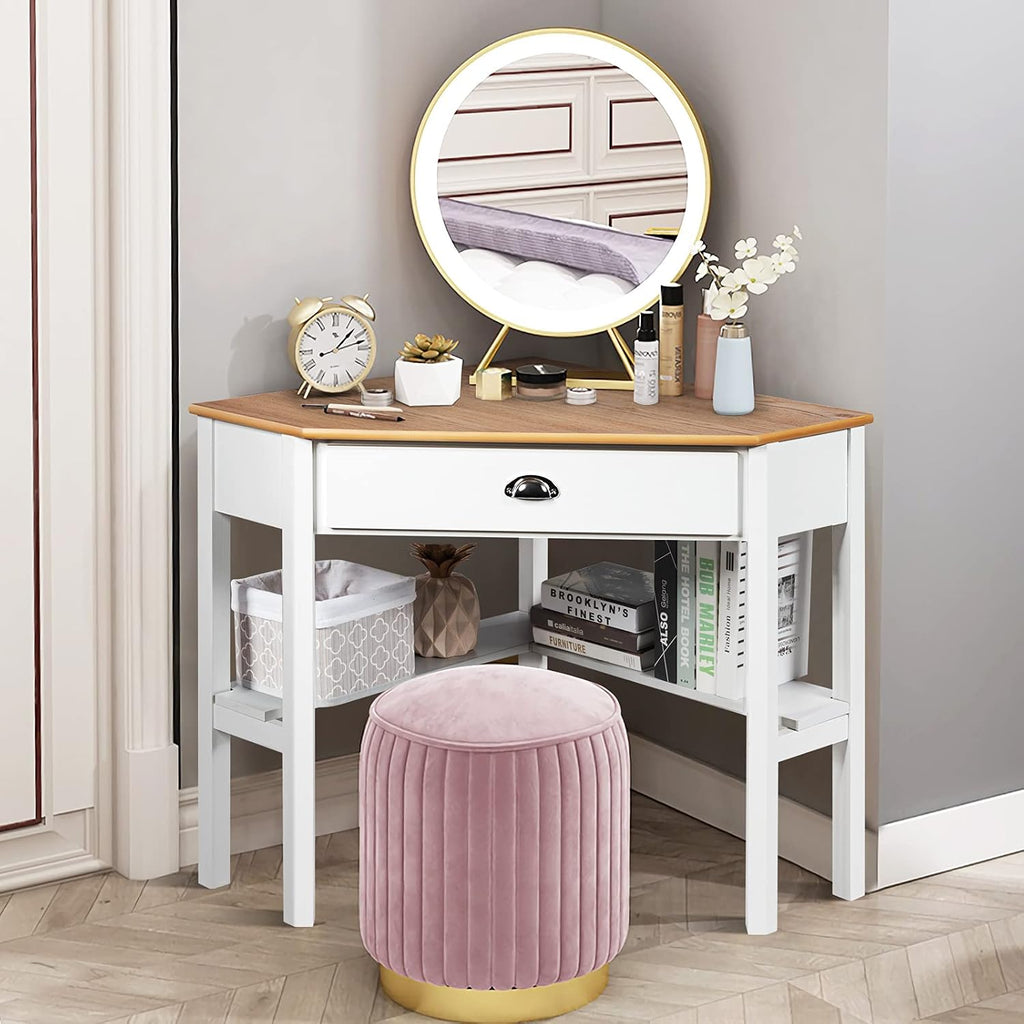 COSTWAY Corner Desk with Drawer for Small Space, Writing & Office Use, White Wooden Vanity Desk (Natural)