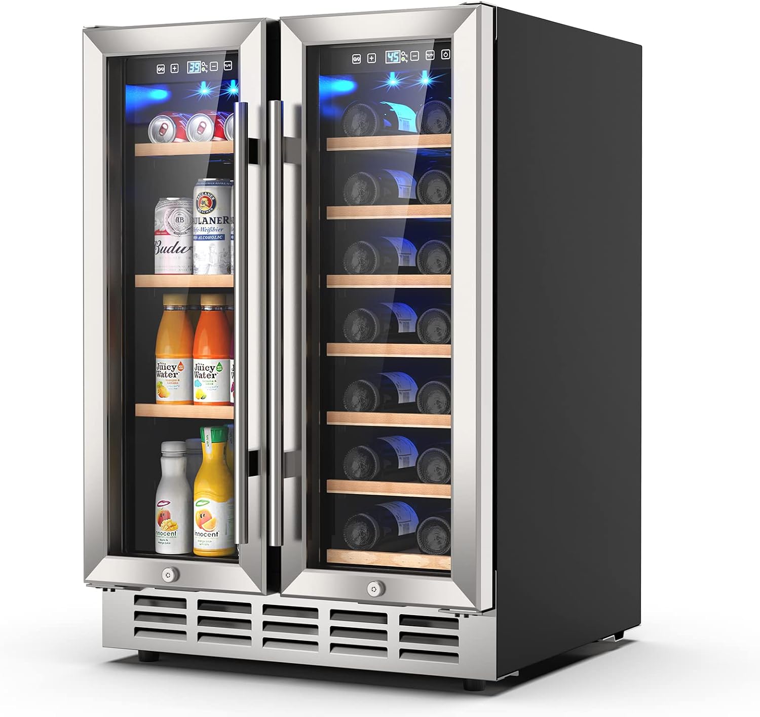 Mojgar Wine and Beverage Refrigerator, 24 Inch Dual Zone Wine Fridge with Two Safety Locks, Under Counter Wine Cooler Fridge Built-In or Freestanding, Holds 20 Bottles and 57 Cans (Double Glass Door)
