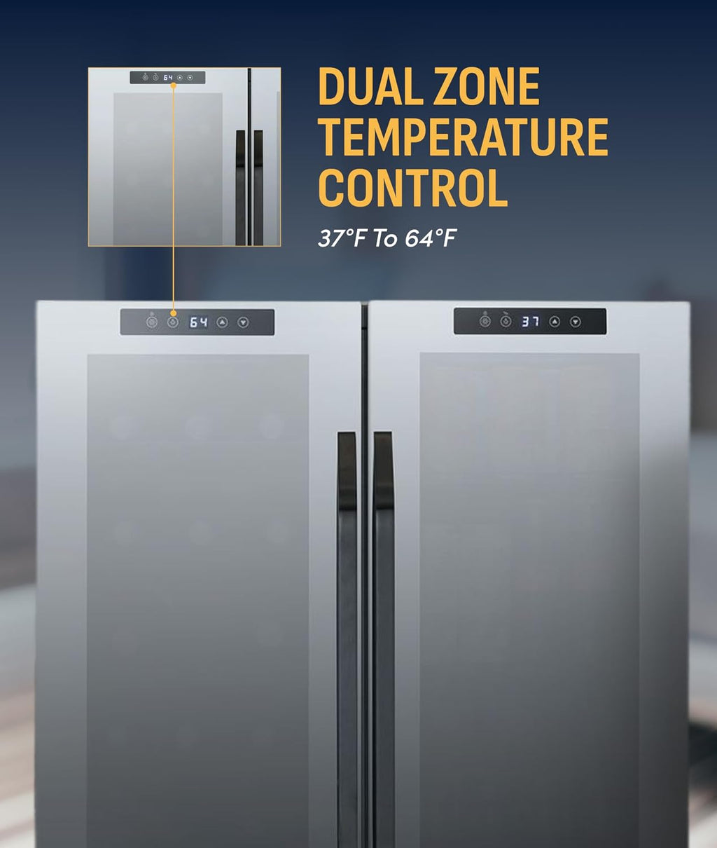 NewAir 27' Dual Zone Beverage Refrigerator & Wine Cooler for 18 Bottles & 59 Cans | Freestanding or Built-In Under Counter Mini Fridge for Beer, Wine and Soda | Black