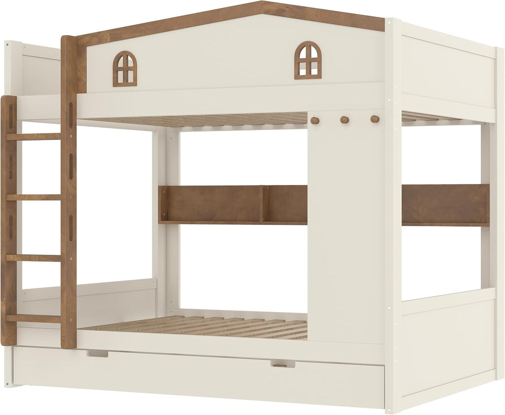 Queen Over Queen Bunk Bed with Trundle, Hooks and Storage Shelves, Solid Wood Bunk Beds for Kids Teens, Bedroom Space-Saving Furniture (Beige+Natural/T)