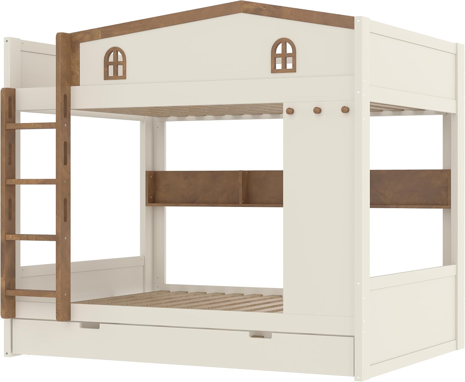 Queen Over Queen Bunk Bed with Trundle, Hooks and Storage Shelves, Solid Wood Bunk Beds for Kids Teens, Bedroom Space-Saving Furniture (Beige+Natural/T)