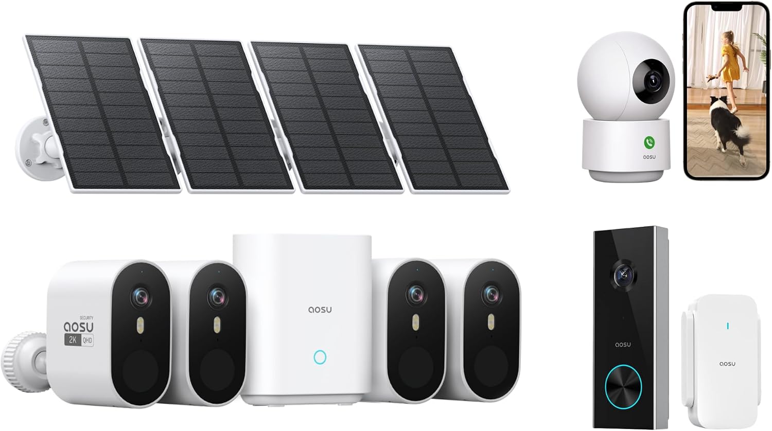 aosu SolarCam Pro System 4-Kit + 2K Indoor Camera + 2K Doorbell Camera - No Monthly Fee