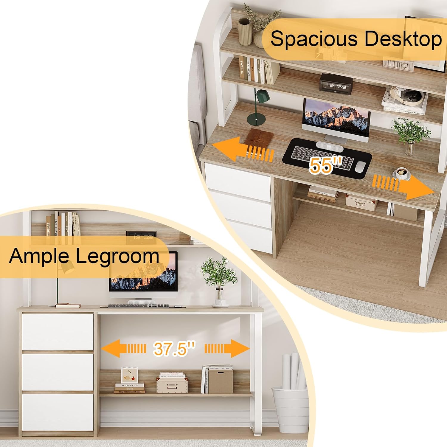 MaverickFurni Computer Desk with 3 Drawers and Shelves, 55 Inch Desk with Hutch for Small Spaces, Study Writing Desk with Shelves for Bedrrom, Adjustable Feet, Light Walnut