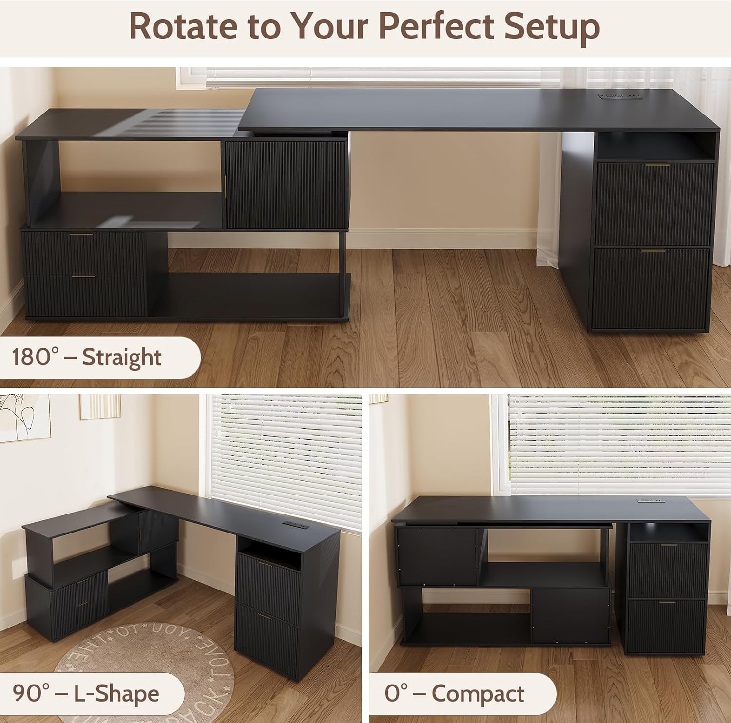 L-Shaped Desk with Drawers & Power Outlet, 180 Rotating Corner Computer Desk with Storage, 66 Inch Office Desk with 5-Drawer, Space-Saving Modern L-Shaped Workstation for Home Office