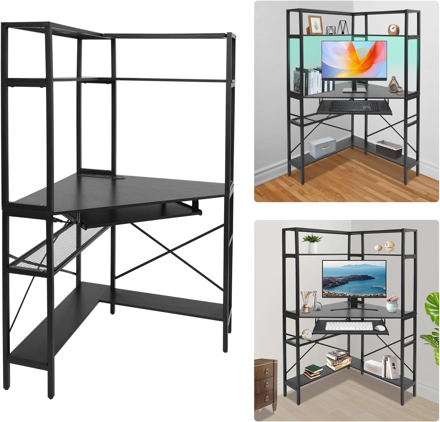 Corner Small Desk for Small Space, 29.5'*29.5'*60' Corner Computer Desk with USB Ports Triangle Gaming Desk with with RGB LED Lighting for Home Office, Living Room, Bedroom (Black)