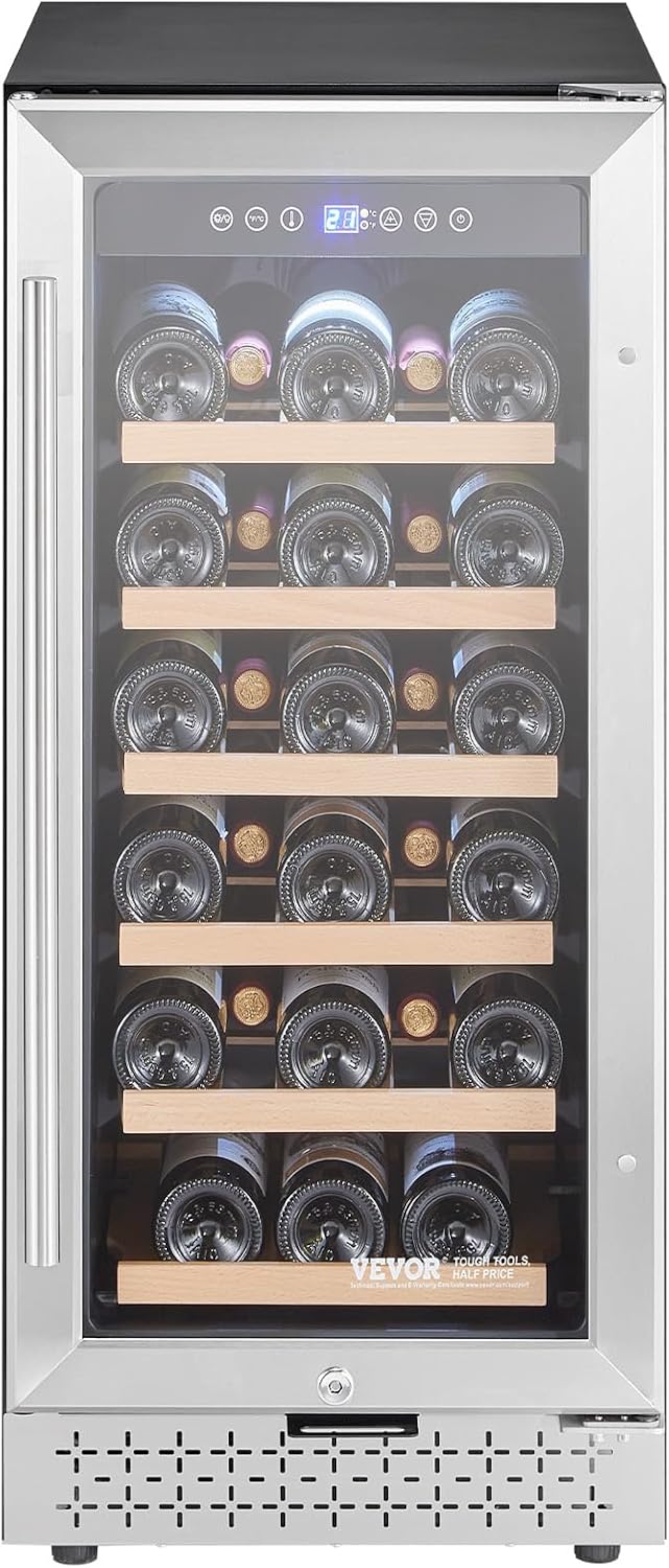 VEVOR YC-100A, 28, Mini Wine Refrigerator with Glass Door, Adjustable Shelves, Digital Temperature Control, Built-in & Freestanding Cooler Fridge for Home, Office, Bar, 32 Bottle, Sliver