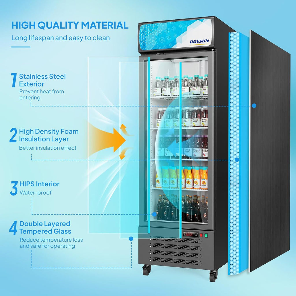 ROVSUN 17 Cu.Ft Commercial Beverage Refrigerator ETL NSF, Slim Merchandiser Refrigerator Display Refrigerator Beverage Cooler Glass Door Fridge w/Adjustable Shelves LED Light for Bar Restaurant Cafe