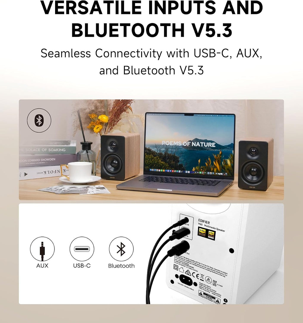 Edifier M60 Multimedia Speaker Bluetooth 5.3, 66W RMS, Hi-Res Audio & Hi-Res Wireless Audio, LDAC,3' Mid Bass & 1' Tweeter, USB-C & Aux Inputs, Compact Desktop Speaker – Classic Oak