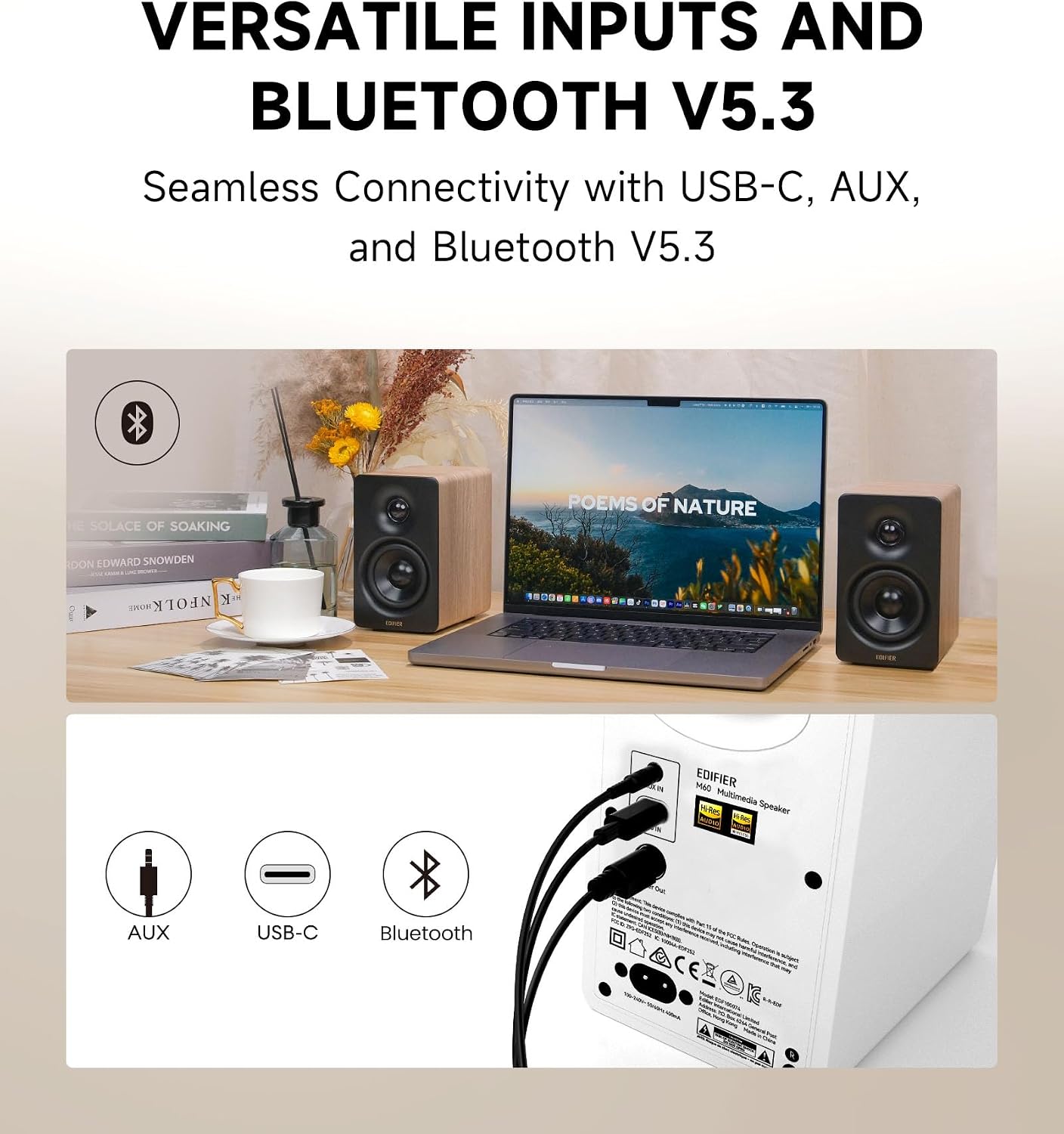 Edifier M60 Multimedia Speaker Bluetooth 5.3, 66W RMS, Hi-Res Audio & Hi-Res Wireless Audio, LDAC,3' Mid Bass & 1' Tweeter, USB-C & Aux Inputs, Compact Desktop Speaker – Classic Oak