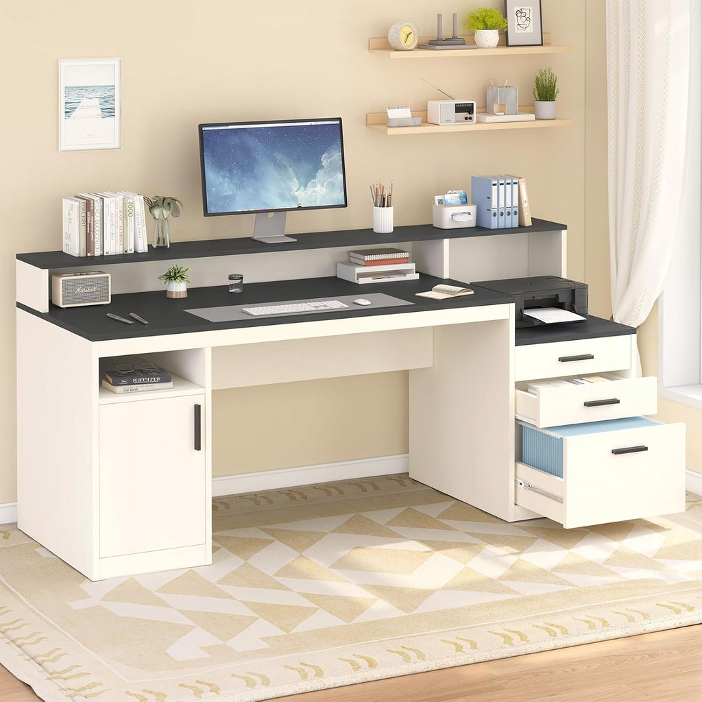 YOMILUVE 65 Inch Computer Desk with 3 Drawers & Storage Shelves, Executive Desk with File Drawer & Cabinet, Home Office Desk with Long Monitor Stand & Printer Shelf, Black & White