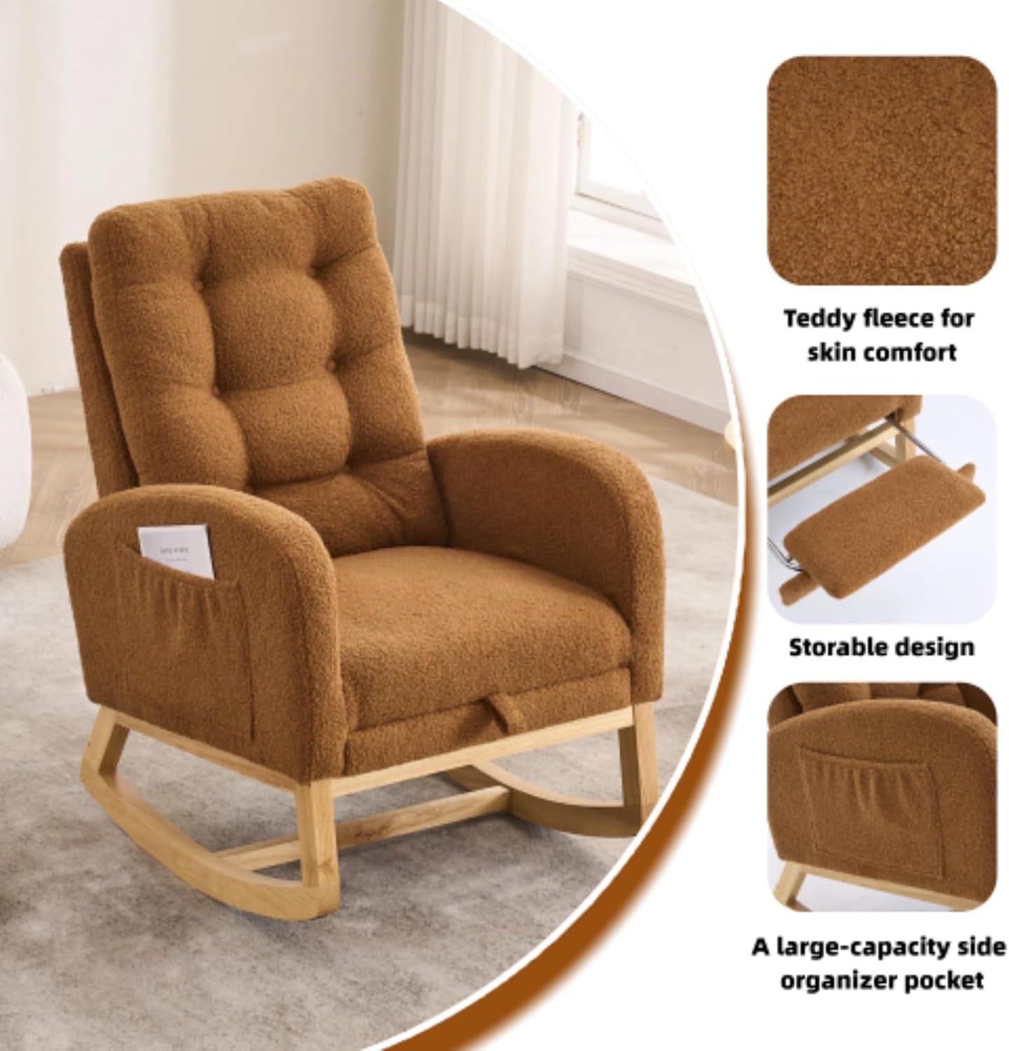Nursery Rocking Chair with Retractable Footrest,Accent Rocker for Relaxing, Side Pocket,A+ Grade Rubber Wood,Suitable for Living Room,Bedroom and Balcony (Teddy Fleece, Caramel)