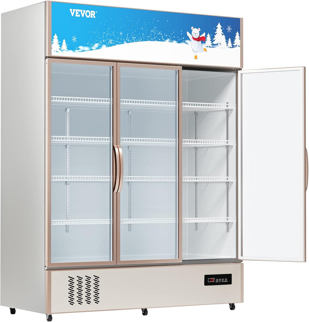 VEVOR Commercial Merchandiser Refrigerator Triple Glass Doors, Cubic Ft, Upright Display Beverage Cooler 79' Tall x 60' Width, Fridge with LED Lighting for Drink Wine Soda, Gold, 35 cu.ft