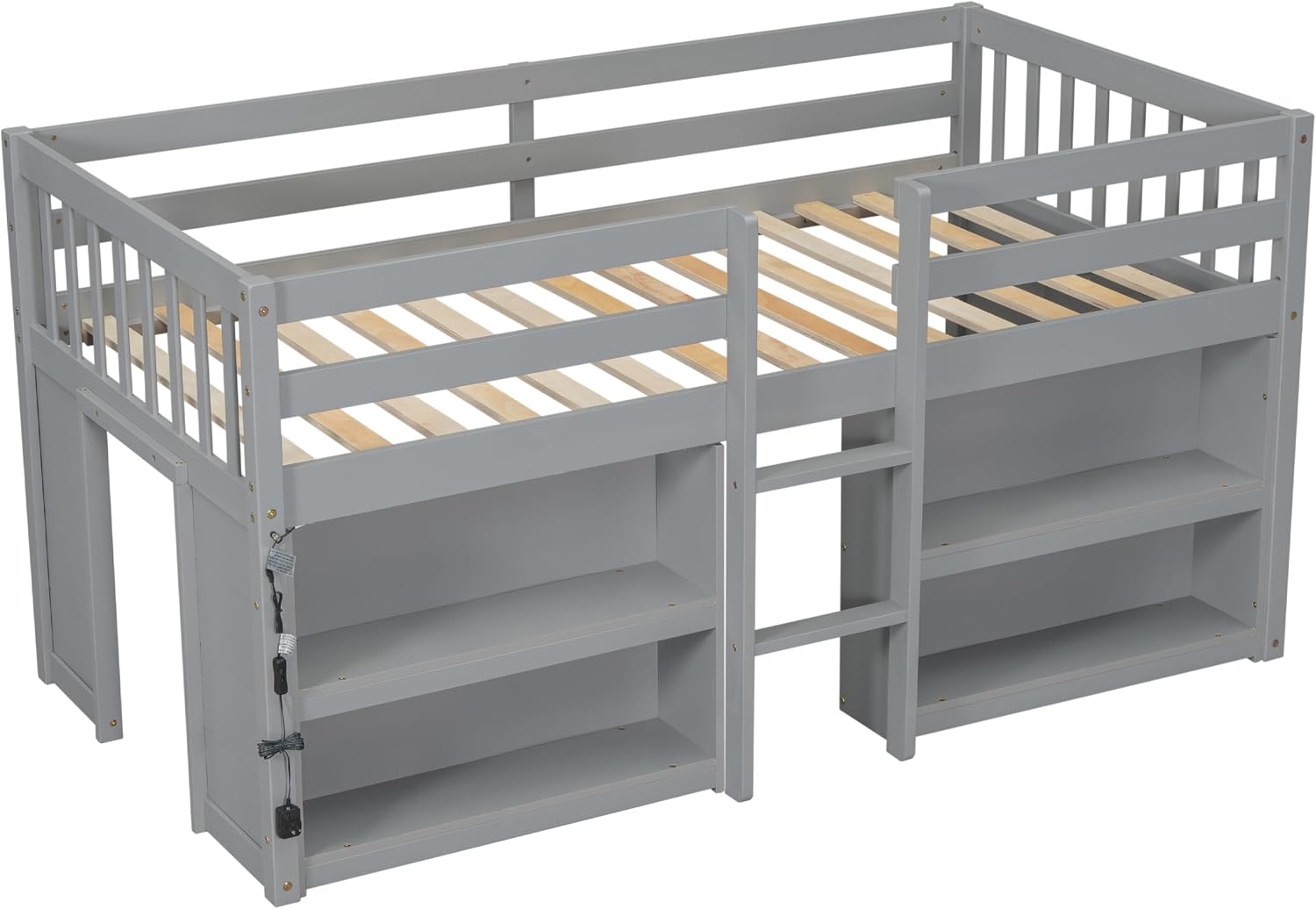 SOFTSEA Twin Size Low Loft Bed with 2-Tier Shelves and LED Light, Wood Loft Bed Frame with Guardrails for Kid, Gray
