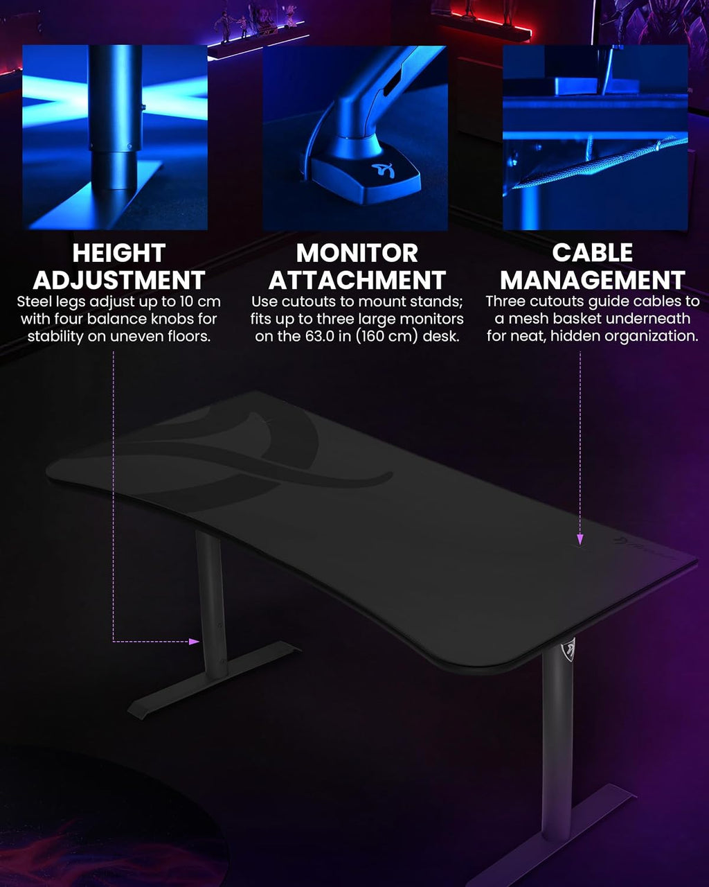 Arozzi Arena Ultrawide Curved Gaming and Office Desk with Full Surface Water Resistant Desk Mat with 3 Custom Monitor Mount Cut Outs and Under The Desk Cable Management Netting - Gunmetal