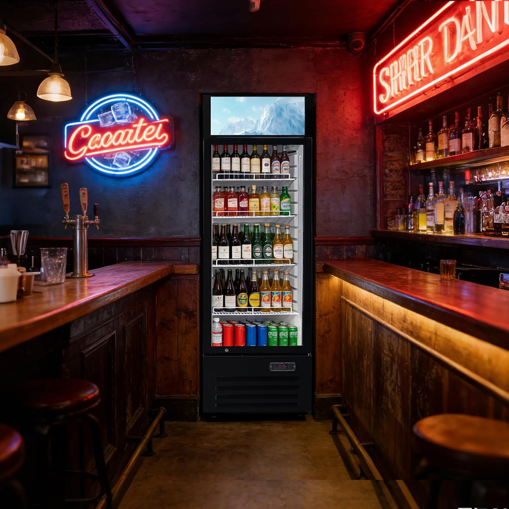 12.5 Cu Ft Commercial Beverage Refrigerator with 1 Glass Doors - Upright Drink Cooler Merchandiser with LED Light Display, 4 Adjustable Shelves, Black, ETL Approved for Business & Retail
