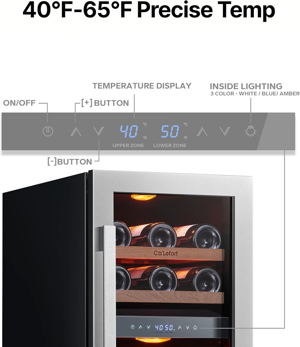 Ca'Lefort 15 Inch Wine Fridge, 28 Bottle Wine Cooler Refrigerator, 40-65°F Wine Refrigerator Glass Door, 3 LED Dual Zone Wine Fridge, Built-in or Freestanding Fridge for Home/Bar/Kitchen (3.0 cu.ft)