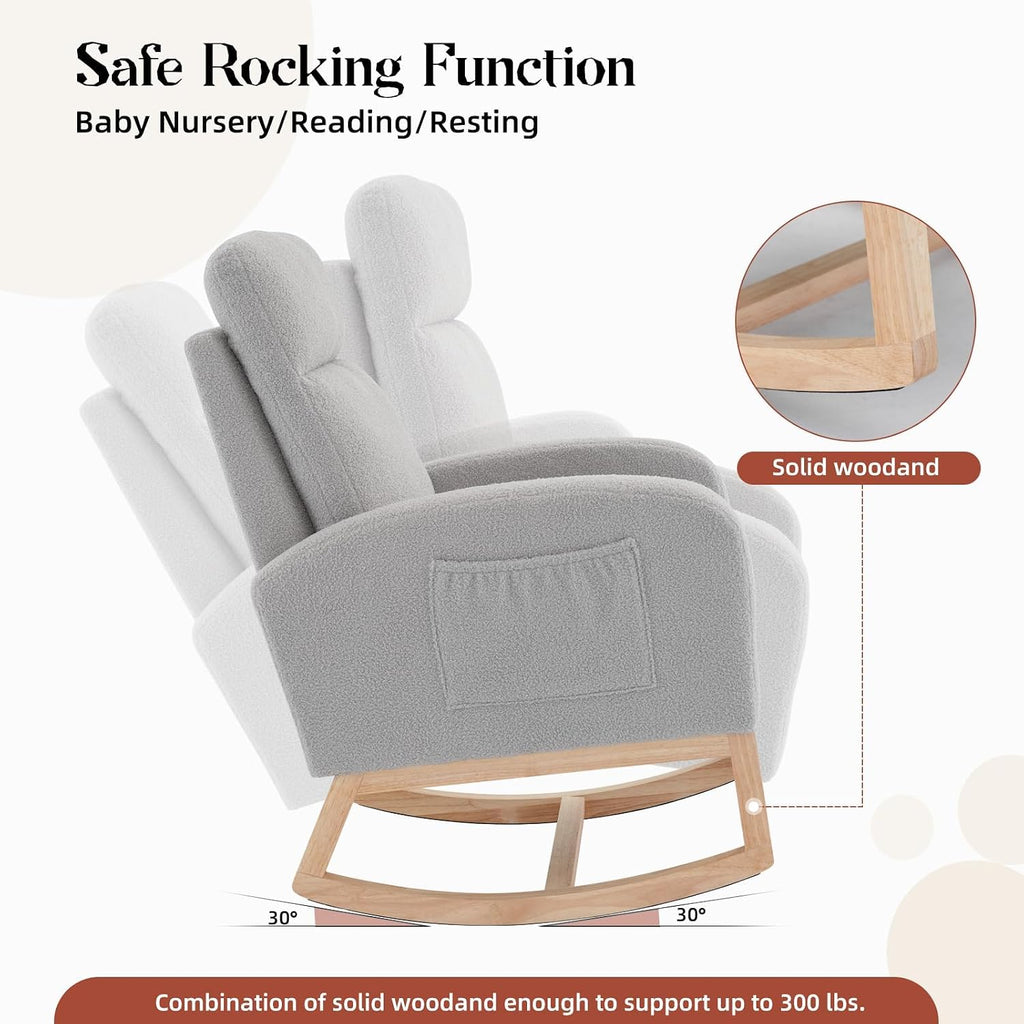 Nursery Glider Rocking Chair with 2 Side Pockets - Solid Wood Legs, Cozy Armchair for Baby Room, Living Room, Bedroom, Comfortable Nursery Essential(Light Gray)