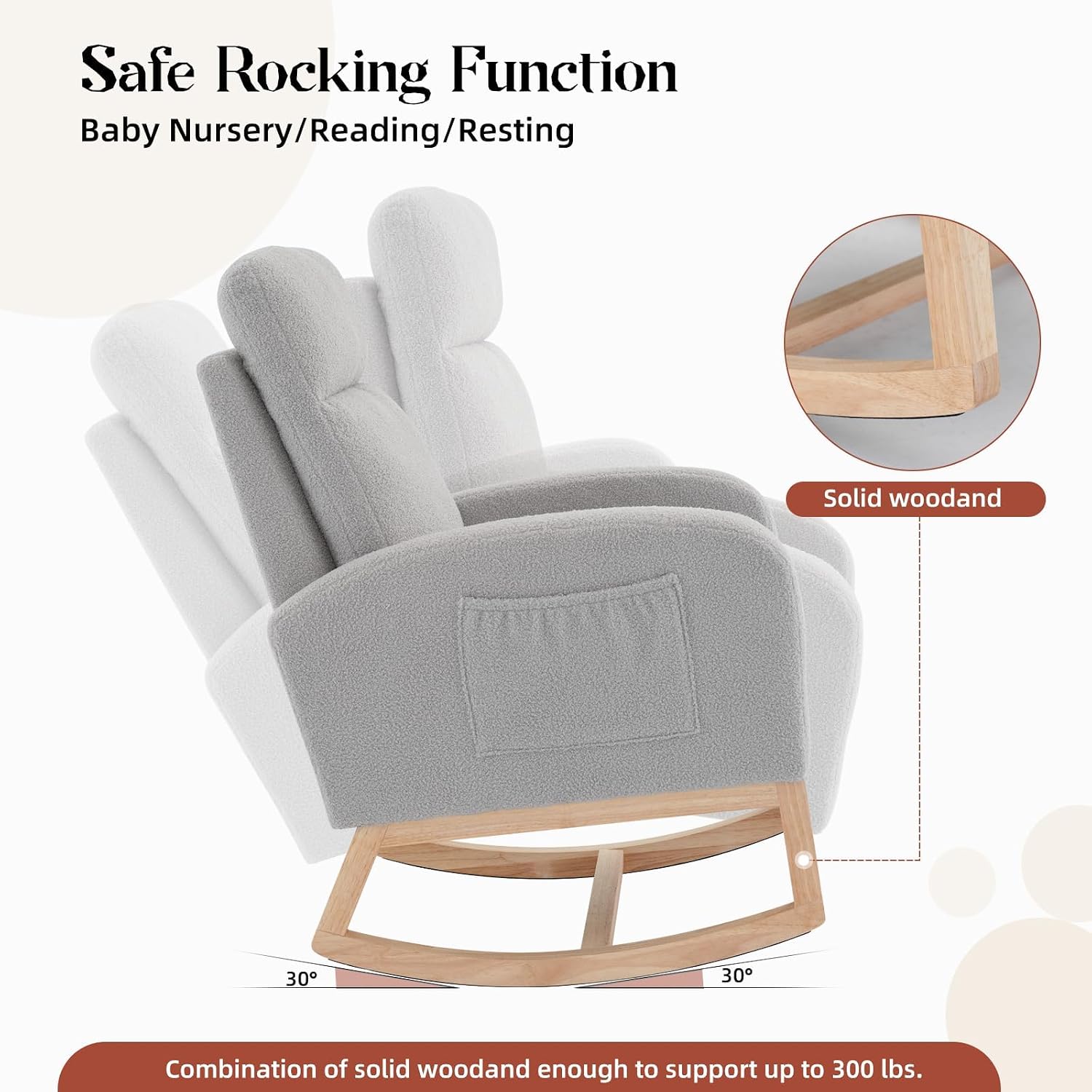 Nursery Glider Rocking Chair with 2 Side Pockets - Solid Wood Legs, Cozy Armchair for Baby Room, Living Room, Bedroom, Comfortable Nursery Essential(Light Gray)
