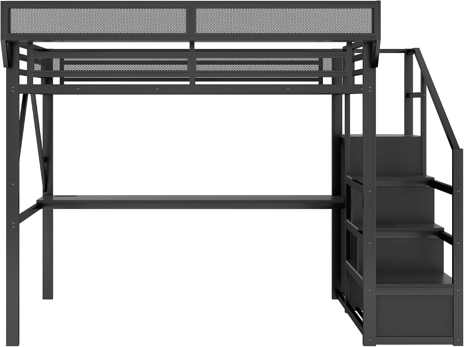Queen Size Loft Bed with Stairs & Desk, Metal High Gaming Loft Bed Queen Frame with Storage Shelves, RGB Light & Charging Station, Heavy-Duty Beds with Closet for Adults,Teens, Kids, All Black