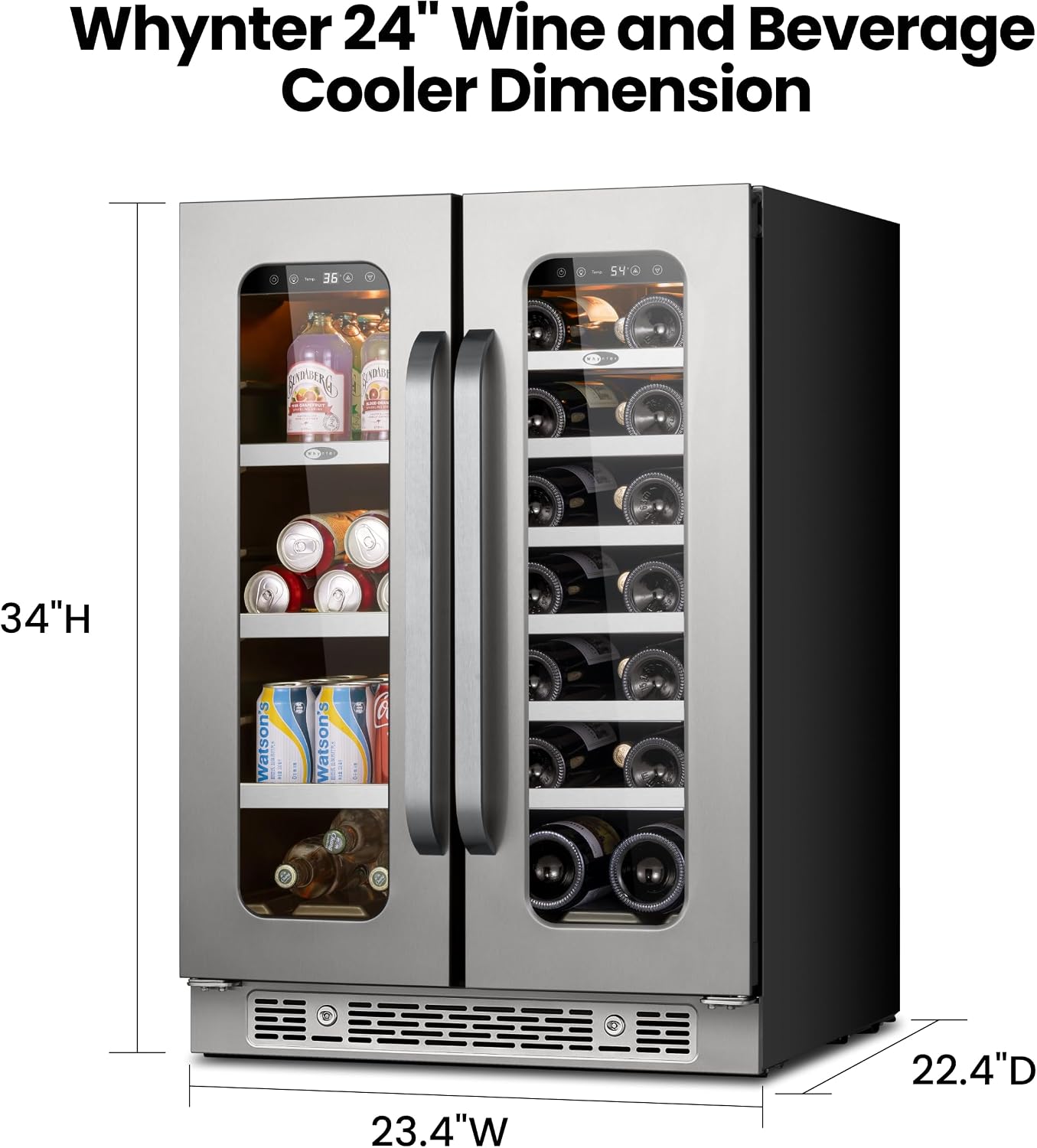 Whynter 24 Inch Dual Zone Wine and Beverage Refrigerator 20 Bottles 60 Cans Wine Fridge with Glass Door Wine Cooler Built-in Under Counter French Door 3 LED for Home Bar Luxury Series(4.1 cu.ft)