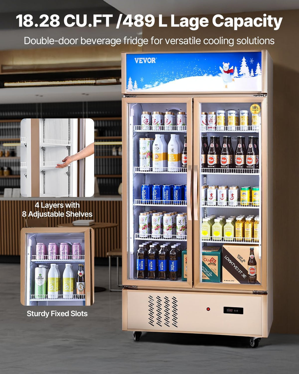 VEVOR Commercial Merchandiser Refrigerator 2 Glass Doors, 23 Cubic Ft, Upright Display Beverage Cooler 79' Tall x 39.4' Width, Fridge with LED Lighting for Drink Wine Soda, Gold