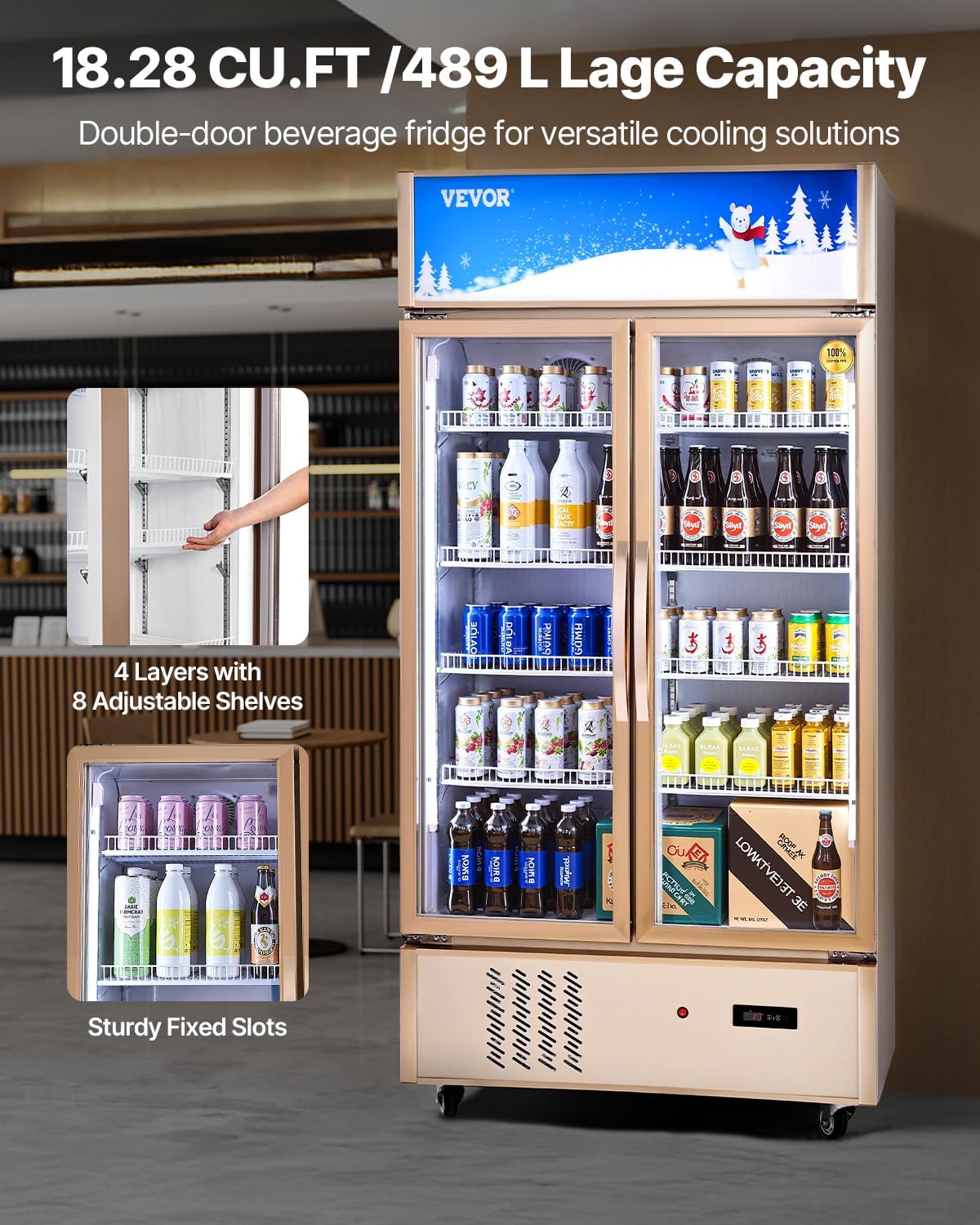 VEVOR Commercial Merchandiser Refrigerator 2 Glass Doors, 23 Cubic Ft, Upright Display Beverage Cooler 79' Tall x 39.4' Width, Fridge with LED Lighting for Drink Wine Soda, Gold