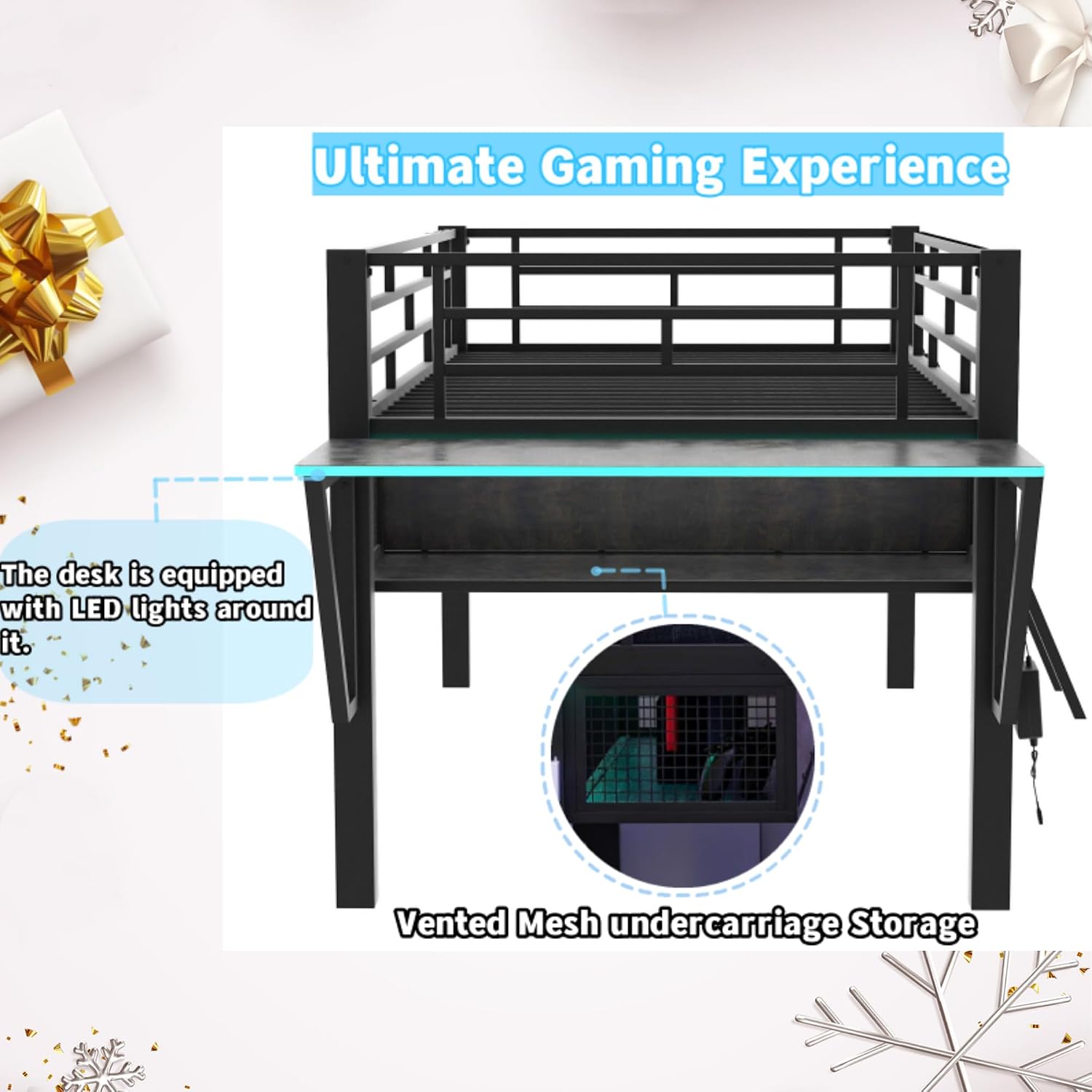 Linique Twin Size Gaming Loft Bed with Desk, LED and Staircase, Metal Loft Bed Frame with Vented Mesh Undercarriage Storage, Black