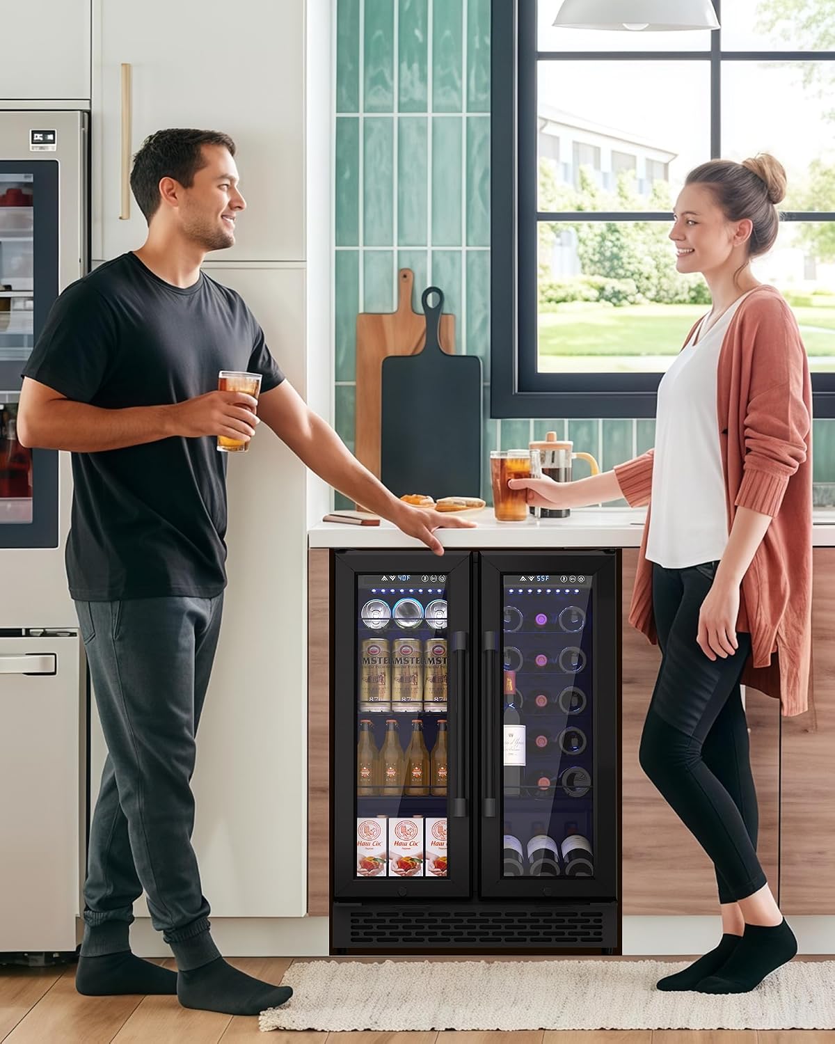 French Door Beverage Refrigerator, 24 Inch Dual Zone Built-in Fridge with Glass Door – Holds 160 Cans and 20 Wine Bottles, Beverage Cooler – Ideal for Kitchen, Bar, or Living Room
