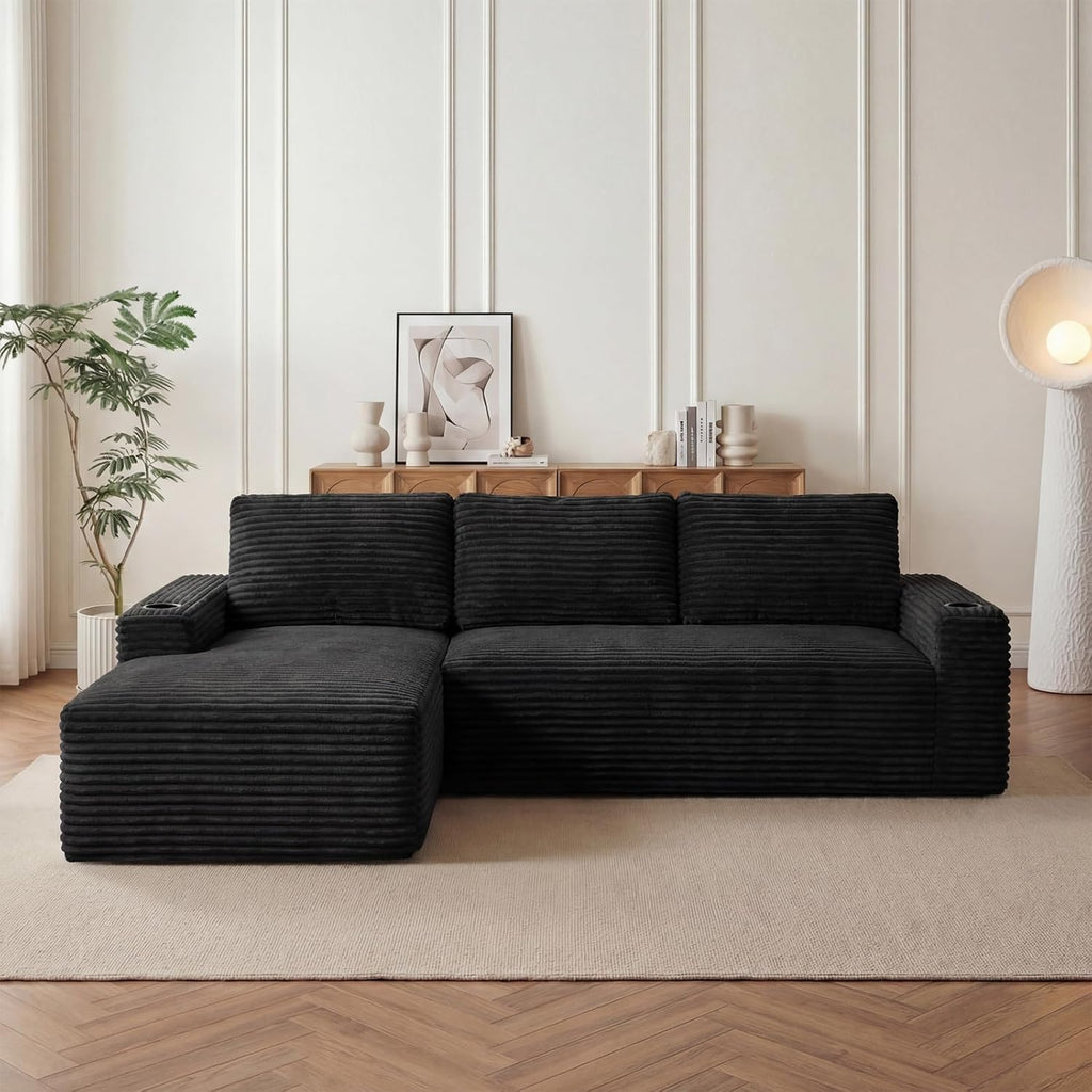 104' L Shaped Boneless Sectional Couches for Living Room, Comfy Corduroy Floor Cloud Sofa with Chaise and Cup Holder, Wide Armrest, Deep Seat, Assembly Free, Ideal for Small Spaces, Black