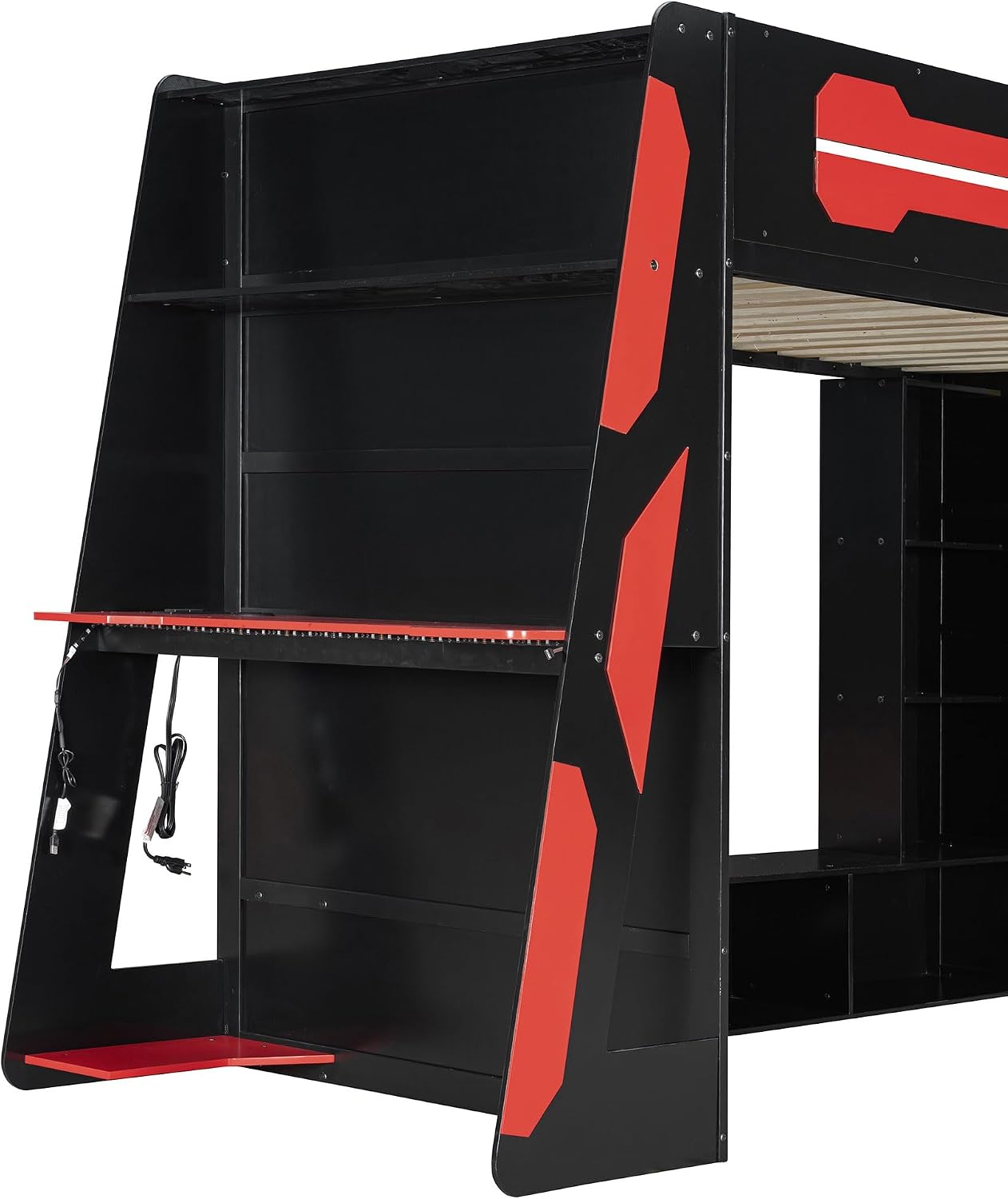 LUMISOL Twin Size Gaming Loft Bed with Desk, RGB LED Lights & Charging Stations, Wood Loft Bed Frame with Storage Bookshelves for Kids, Teens & Adults, Red + Black
