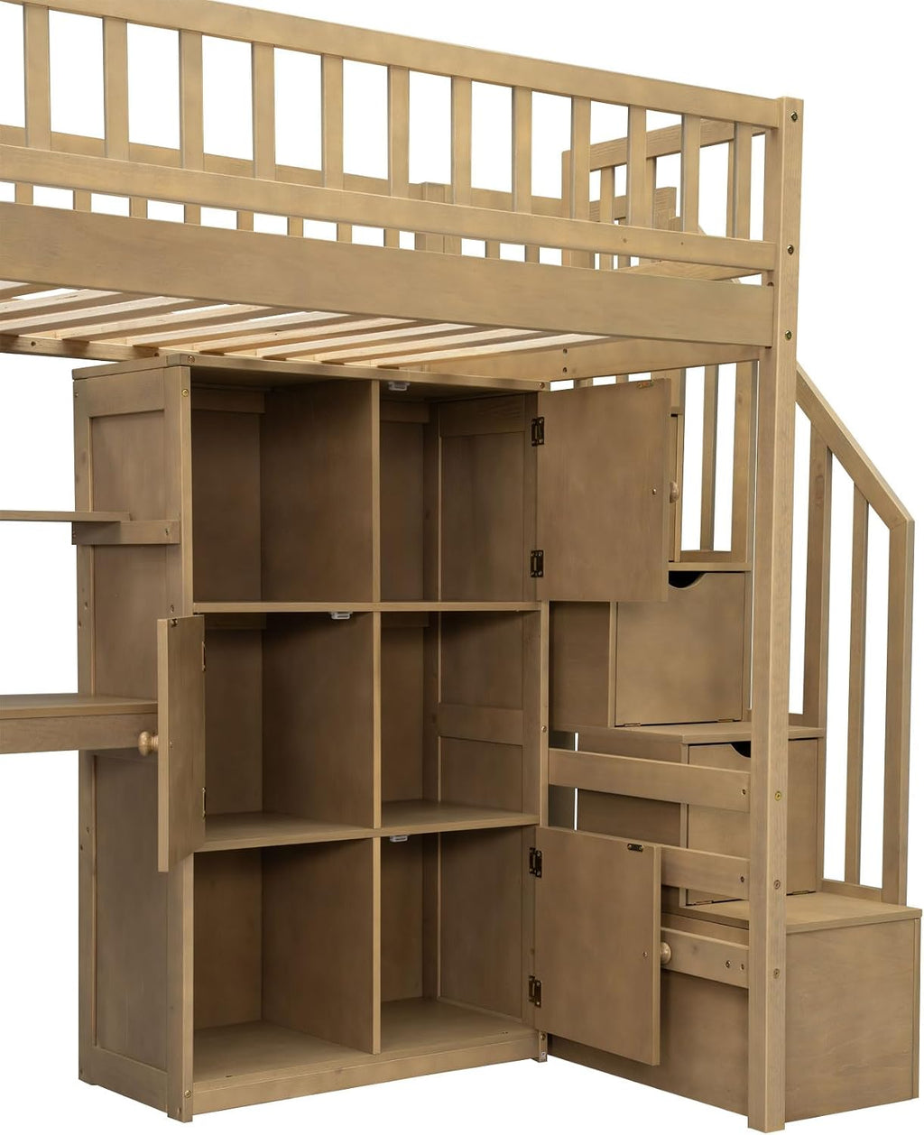MERITLINE Twin Loft Bed with L-Shaped Desk and Storage Stairs, Solid Wood Loft Bed with LED Lights,Storage Shelves and Cabinets,Stairway Bed Frame with Bookshelves for Teens Adults (Walnut)