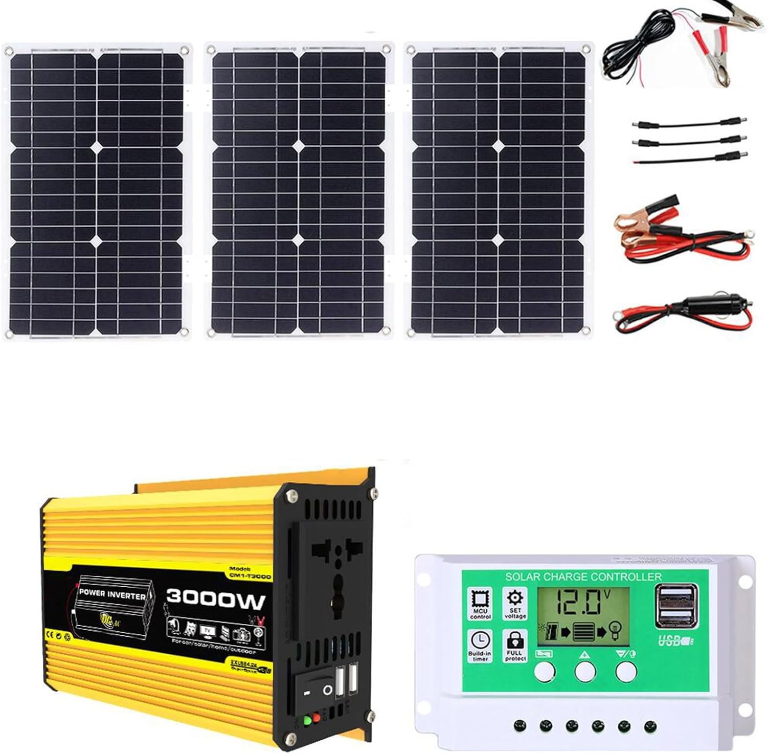 3000W Solar Generator Kit - 12V to 110V/220V Inverter, 75W Folding Solar Panel, 50A Controller, Portable Home Solar Power System for Off-Grid Use (Yellow)