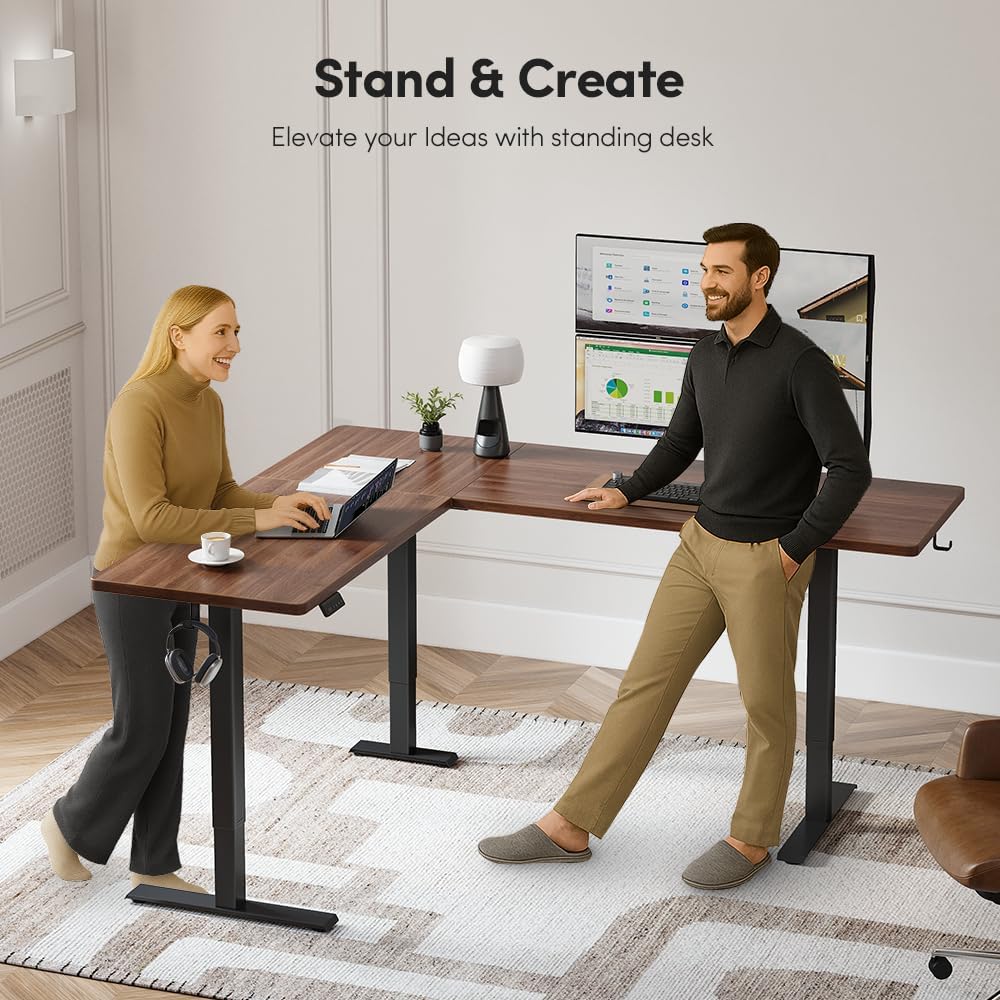 FEZIBO 75x63 L Shaped Standing Desk, Electric Height Adjustable L Shaped Desk, Suitable for Home Office, Black Walnut
