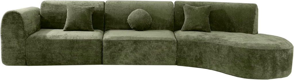 Merax 3-Piece 140' Sectional Modular Sofa Set, 4 Seat Curved Modern Cloud Couch with Chaise Lounge, 3 Pillows, Fully Assembled High-Density Compressed Sponge for Living Room, Green