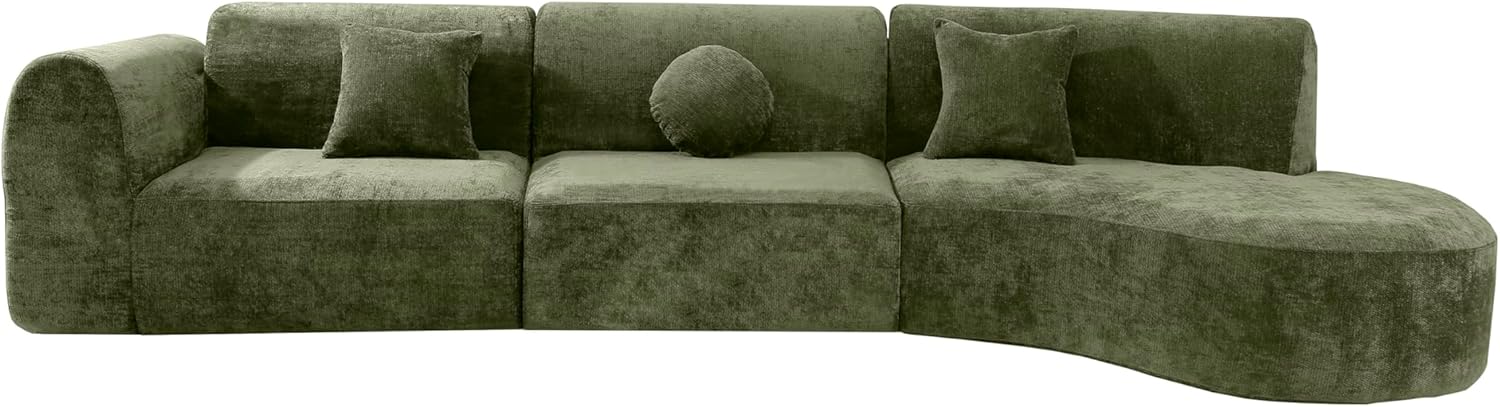 Merax 3-Piece 140' Sectional Modular Sofa Set, 4 Seat Curved Modern Cloud Couch with Chaise Lounge, 3 Pillows, Fully Assembled High-Density Compressed Sponge for Living Room, Green