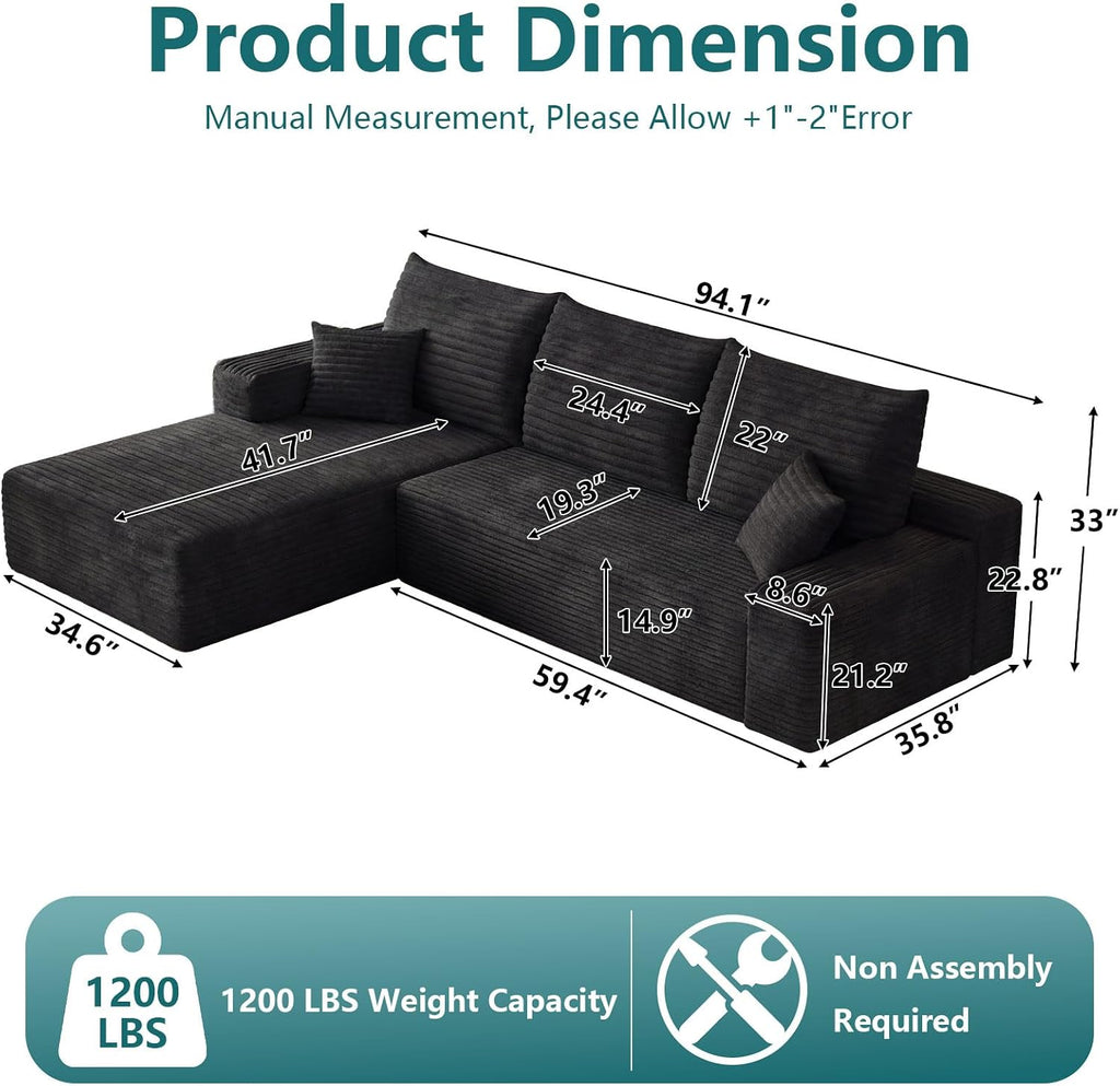 95' Modular Sectional Couch, Boneless L Shaped Cloud Sofa with Chaise Lounge, Corduroy Upholstered Couches Memory Foam Deep Seat, No Assembly Required, Ideal for Living Room(Black, Left Facing)