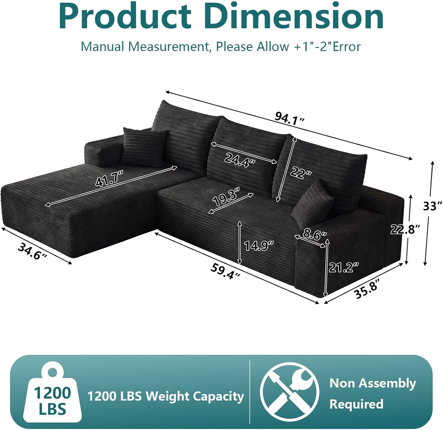 95' Modular Sectional Couch, Boneless L Shaped Cloud Sofa with Chaise Lounge, Corduroy Upholstered Couches Memory Foam Deep Seat, No Assembly Required, Ideal for Living Room(Black, Left Facing)